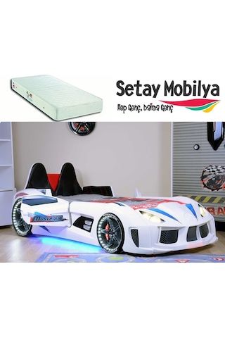 Setaymobilya Audi V7 Arabalı Yatak+Ortopedik Yatak+Kapıları Açılan + Full Led