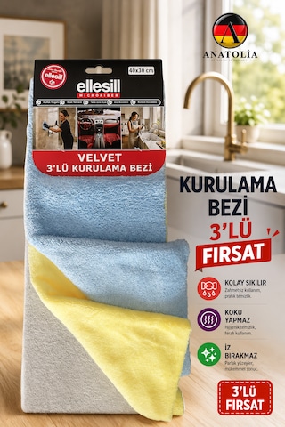 Ellesill Velvet Mikrofiber Kurulama Bezi 3'lü 40x30 Cm - Araç Mutfak Bardak Tabak Yüzey Kurulama Bezi Mix