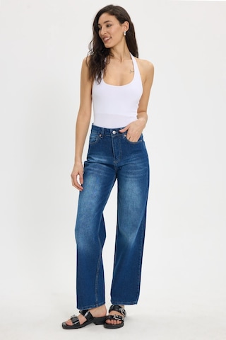 Tudors Kadın Relax Fit Rahat Kesim %100 Pamuk Cepli Geniş Paça Lacivert Jean Kot Pantolon-50734