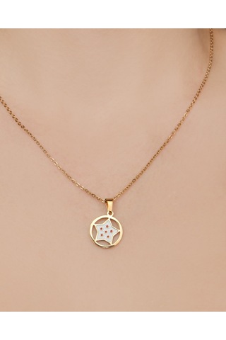 Lekka Design Kadın Kararmaz Çelik Takı Kırmızı Beyaz Mineli Yıldız Madalyon Kolye Altın