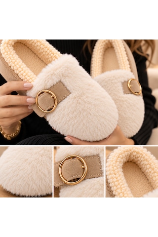 Moon Cloud Kadın Peluş Gold Aksesuar Detaylı Sıcak Tutan Loafer Ev-ofis Ayakkabı-babet Hediyelik-çeyizlik Zyn3001 Kum Beji
