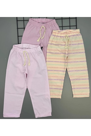 Kız Çocuk Desenli 3 Lü Paket Gündelik Rahat Pantolon Seti 2-7 Yaş Pembe-pudra-a.pembe