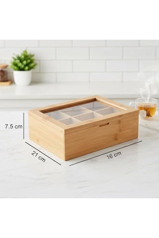 Bambu 6 Bölmeli Çay Kutusu -%100 Orjinal Bambu Mıknatıslı Kapak 21x16,5 X7cm