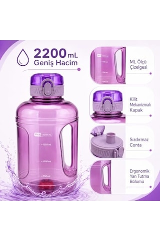 2200 Ml Damacana Matara, Sızdırmaz Kilitli Kapaklı Büyük Boy Su Matarası, Ölçü Çizelgeli, Ergonomik Tutma Bölümlü Spor, Fitness, Ofis Ve Günlük Kullanım İçin Mor Su Şişesi