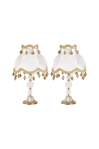 İki Adet Çiçek Dekorlu Abajur Gold Beyaz Klasik Ponponlu Model Altın