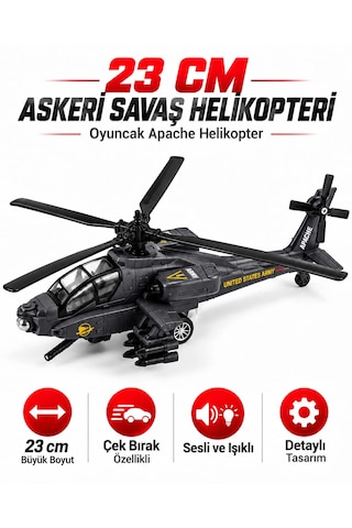Oyuncak Helikopter Metal Sesli Işıklı Çek Bırak Askeri Savaş Apaçi Apache Helicopter Diecast Model 23 Cm