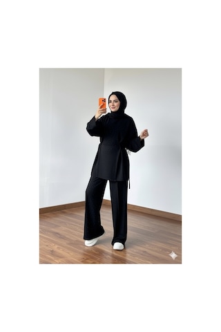Unika Boutique Siyah Taşlı Tesettür İkili Takım / Modal Kumaş Rahat Kesim