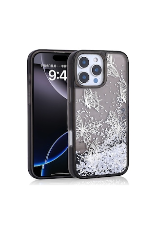 Zore Apple iPhone Uyumlu 12 Pro Kılıf Sıvılı Simli Kelebek Baskılı Şeffaf Arka Yüzey Omsy Glis Silikon Kapak - Mor