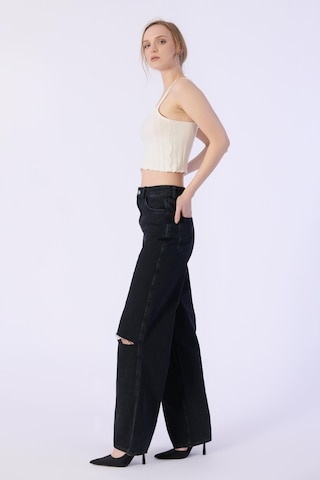 Yüksek Bel Wide Leg Dizler Lazerlı Jeans-siyah Siyah