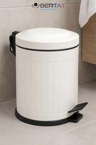 Vintage Krem Çöp Kovası Amortisörlü Kapak Çizgili Lüks Model 5lt Beyaz