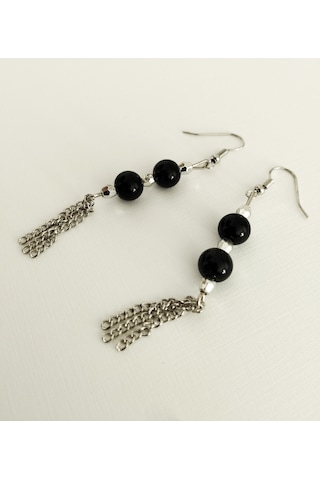 K209 Sallantılı Oniks Doğal Taşlı Küpe Gümüş - Siyah