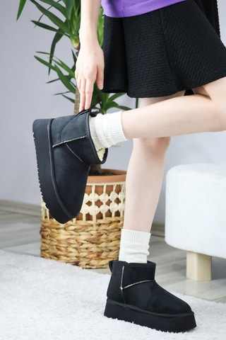 Asmi Shoes Kadın Pavro Süet İçi Kürklü Kalın Taban 4.5 Cm Mini Kısa Bot Siyah Siyah