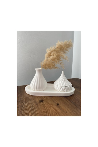 Vazo Minimalist Tasarım Düz Standlı Beyaz Vazo Ve Kapaklı Mum Seti El Yapımı Beyaz