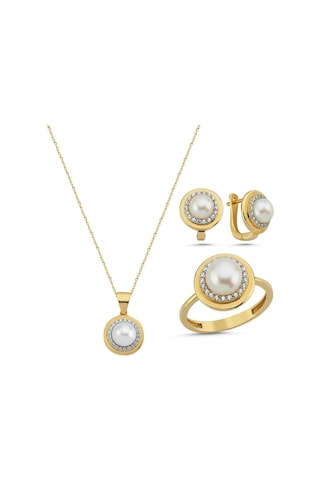 Doğal İnci Küpe Kolye Yüzük Üçlü Set - 20 / Sarı 96784998