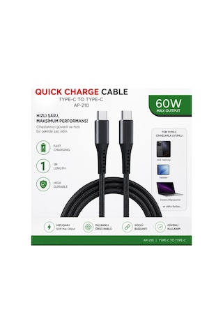 Ap-210 Quick Charge Cable Type C To Type C 60w Hızlı Şarj Kablosu 1 Metre Usb C Kablo Fast Charging