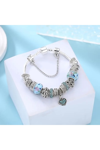 Trend Kalp Aşk Temalı Mavi Charm Bileklik, Ahşap Kutu İçerisin