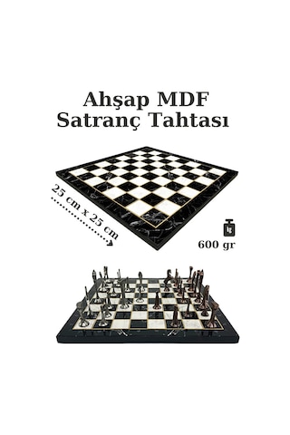 Mc54 - Metal Satranç Takımı - 25cm Mermer Desenli Satranç Tahtası - Sertifikalı Antik Metal Taşlar