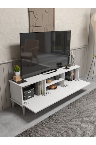 Tv Sehpası Tv Ünitesi Beyaz Gümüş 160 Cm Saraylı 5063 Metalik