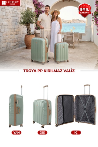 Cotpoly Home Troya Pp Polipropilen Kırılmaz Kabin Boy Valiz 360 Döner Sessiz Tekerlekli Yeşil