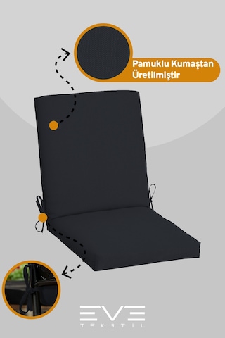 Eve Tekstil Bahçe - Salon - Balkon Arkalıklı Fermuarlı Bağlanabilir Yıkanabilir Sandalye Minderi 10 Adet Siyah
