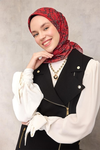 Silk Home Pamuk Polyester Soft Eşarp Kırmızı Zemin Vizon-siyah Lilyum Desenli Kaymaz Tok Duruşlu 90x90 Çok Renkli