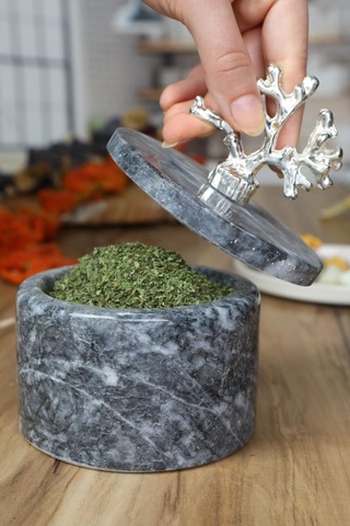 Mermer Baharatlık Kapaklı Mermer Tuzluk Biberlik Siyah