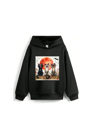 Stil X Sevimli Kediler Baskılı Kapüşonlu Çocuk Sweatshırt Siyah-1