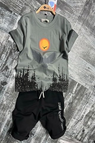 Kartal Desenli Gri Renk Erkek Çocuk Şortlu Takım Gri