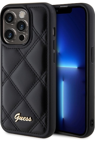 Apple iPhone 14 Pro Max Uyumlu Kılıf Guess Lisanslı Pu Deri Metal Yazı Logolu Kapitone Kapak Siyah