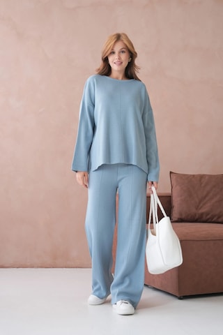 Kadın Bisiklet Yaka Düşük Kol Kazak Pantolon İkili Triko Takım Açık Mavi