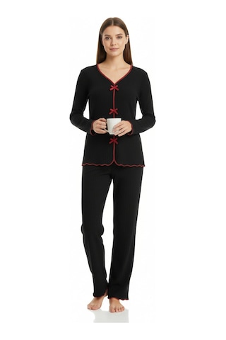 Angbutik Premium Kadın 4 Lü Fitilli Set Siyah Kırmızı Biyeli Pijama Üst, Pantolon, Bikini Takımı