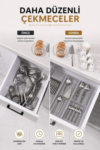 Çekmece İçi Bıçaklık Organizer Bölmeli Mutfak Düzenleyici Gri S-11029 Çok Renkli