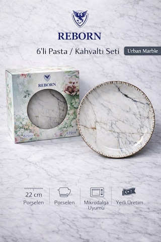 Reborn Kutulu Urban Marble 6 Lı Porselen Pasta / Kahvaltı Tabağı Seti 22 Cm Hediyelik & Çeyiz & Yeni Ev Beyaz