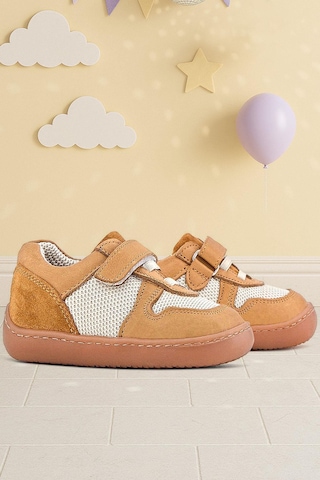 Rakerplus Bob Hakiki Deri Taba Krem Barefoot Cırtlı Lastikli Bebek Sneaker Ayakkabı Taba