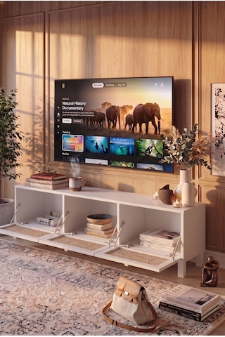 Robin Home Arizona Tv Ünitesi Sehpası Ahşap Ayaklı 3 Ahşap Jüt Kapaklı 180cm Beyaz-jüt