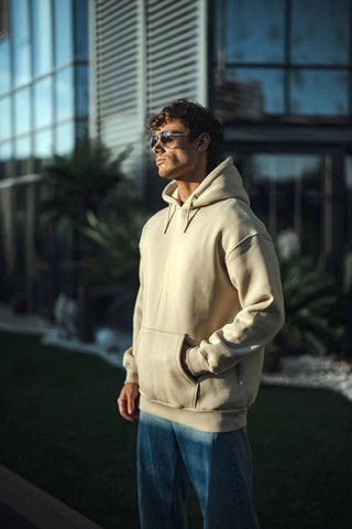 Barlashive Kadın 3 İplik Pamuklu Kapüşonlu Kanguru Cepli Oversize Hoodie Sweatshirt - Bej Çok Renkli