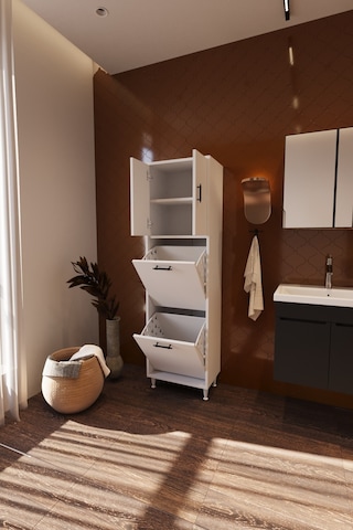 Nergiz Çamaşır Sepetli Çok Amaçlı Banyo Dolabı Beyaz Çift Bölmeli Düzenleyici Dolap