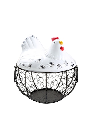 Tavuk Figürlü Yumurta Meyve Tutucu Mutfak Organizer Sepet Beyaz - Siyah