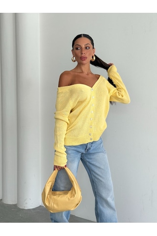 Kadın Yeni Sezon Sırt Ve Ön Düğme Sarı Triko Hırka Omuz Açık Kullanım Detaylı Sarı