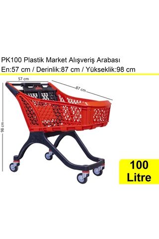 Pk100 Plastik Market Alışveriş Arabası 100 Litre Kırmızı / En:57 Boy:87 Yükseklik:98 Cm