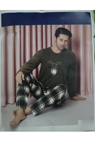 Sude Erkek Bisiklet Yaka Kışlık Polar Pijama Takımı A100/71 - 1 Adet Haki