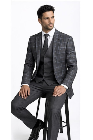 Fabio Cassel Slim Fit Mono Yaka Çift Yırtmaçlı Astarlı Takım Elbise Yelekli Gri