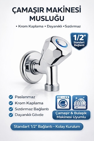 Çamaşır Makinesi Musluğu 1/2'' Krom Pirinç Dayanıklı Sızdırmaz Bulaşık Makinesi Uyumlu Metalik