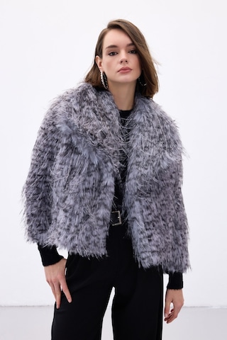 Sateen Leopar Desenli Kürk - Gri-136711 Gri