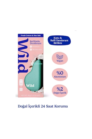 Wild %98 Natural Stick Deodorant Kutu + Refill Fresh - Aqua Case + Fresh Cotton & Sea Salt 40 Gr