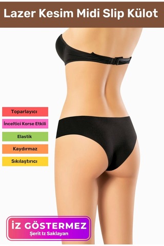 İz Göstermeyen Dikişsiz Kaymaz Toparlayıcı Popo Şekillendirici Kadın Lazer Kesim Midi Slip Külot Siyah