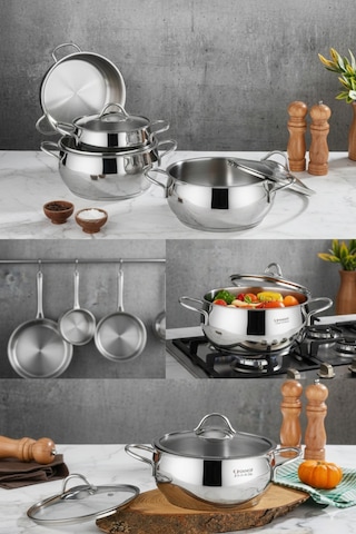 Polochef Pro Line 18/10 Paslanmaz Çelik Tencere Seti Kapaklı 6 Parça Silver 16-18-20 Cm Gümüş