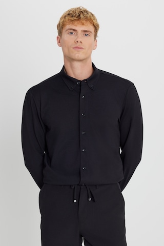 AC&Co / Altınyıldız Classics Erkek Sıyah Pamuklu Tailored Slim Fit Dar Kesim Düğmeli Yaka Örme Gömlek Siyah