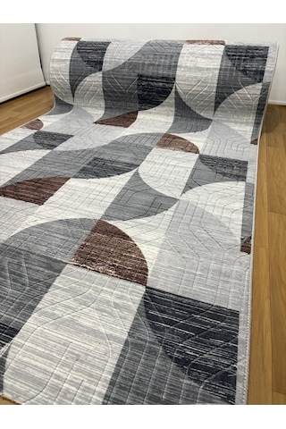 Kaymaz Taban Gri Kahve Modern Geometrik Yıkanabilir Salon Mutfak Koridor Yolluk Halı Gri-kahve