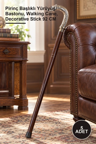 5 Adet Fil Başlıklı Pirinç Baston Pirinç Başlıklı Yürüyüş Bastonu, Walking Cane, Decorative Stick 92 Cm